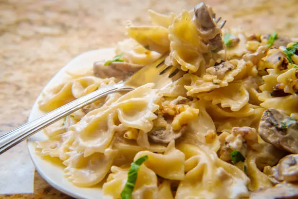 Goat cheese mushroom stroganoff with chopped walnuts