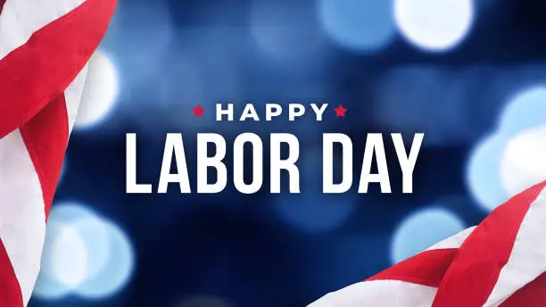 Photo of Happy Labor Day Holiday Typography with Blue Bokeh Lights Background and Patriotic American Flags