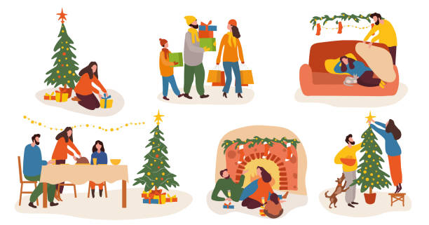 Festive Christmas and Winter holiday collection Festive Christmas and Winter holiday collection showing different family scenes with decorations and gifts, colored vector illustration family christmas stock illustrations