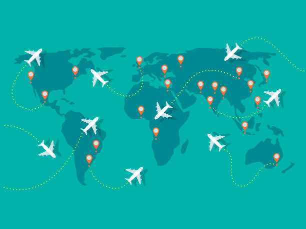 istock Illustration of airplane flights on world map 1265695175