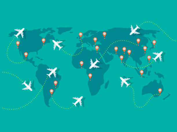 Illustration of airplane flights on world map Modern flat vector illustration appropriate for a variety of uses including articles and blog posts. Vector artwork is easy to colorize, manipulate, and scales to any size. travel illustrations stock illustrations