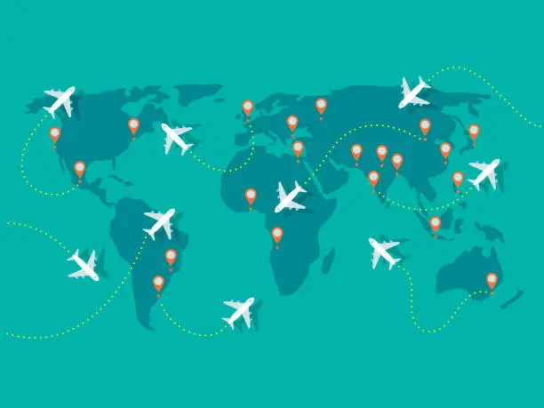 Vector illustration of Illustration of airplane flights on world map