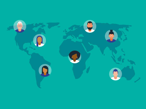 Illustration of diverse avatars placed on world map Modern flat vector illustration appropriate for a variety of uses including articles and blog posts. Vector artwork is easy to colorize, manipulate, and scales to any size. people borders stock illustrations
