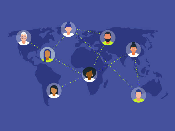 Illustration of diverse peers networking on world map Modern flat vector illustration appropriate for a variety of uses including articles and blog posts. Vector artwork is easy to colorize, manipulate, and scales to any size. global illustrations stock illustrations