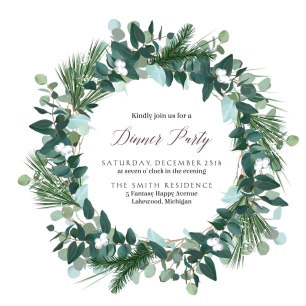 Greenery round wreath with eucalyptus, mistletoe, emerald spruce, pine Greenery round wreath with eucalyptus, mistletoe, emerald spruce, pine. Merry Christmas and Happy New Year seasonal card. Winter set. Hand drawn branches composition isolated on white background. evergreen garland stock illustrations