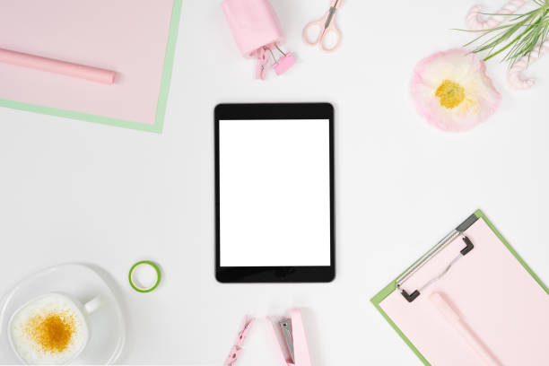 istock Feminine workplace mockup with digital tablet 1265712924