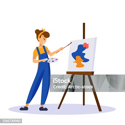 istock Woman artist standing near easel and painting abstract shapes on canva isolated on white background 1265730983
