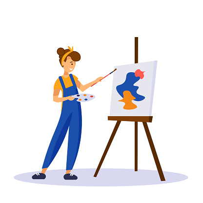 Woman Artist Standing Near Easel And Painting Abstract Shapes On Canva  Isolated On White Background Stock Illustration - Download Image Now -  iStock