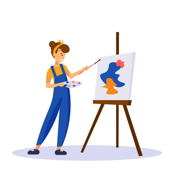 Woman artist standing near easel and painting abstract shapes on canva isolated on white background Woman artist painting colorful abstract shapes on canva isolated on white background. Young creative girl in blue overalls standing near easel and holding palette and brush. Flat vector illustration. painter stock illustrations