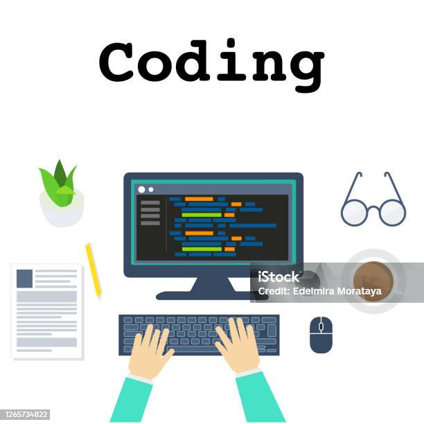 Developer Coding Computer Screen Working Vector Flat Design ...