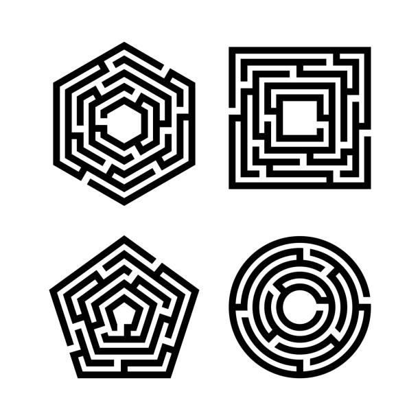 abstraktes labyrinth-set - hexahedron stock-grafiken, -clipart, -cartoons und -symbole