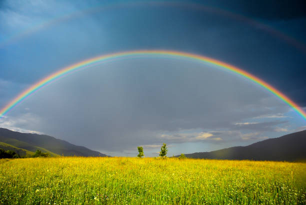 Beautiful bright double rainbow in a field after the rain