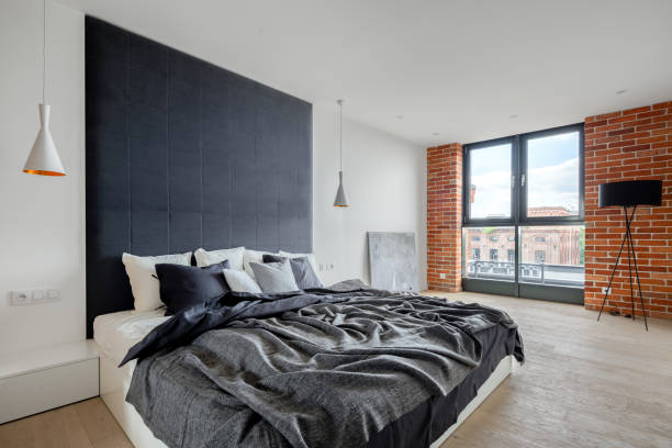 istock Bedroom with industrial style wall 1265741084