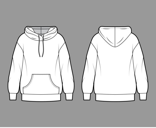 Oversized cotton-fleece hoodie technical fashion illustration with pocket, relaxed fit, long sleeves. Flat jumper Oversized cotton-fleece hoodie technical fashion illustration with pocket, relaxed fit, long sleeves. Flat outwear jumper apparel template front back white color. Women, men, unisex sweatshirt top CAD cardigan clothing template fashion stock illustrations