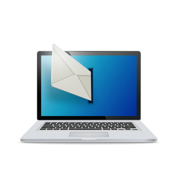 istock Realistic laptop on white background. Emails fly out of laptop screen. The concept of e-mailing. 1265744987