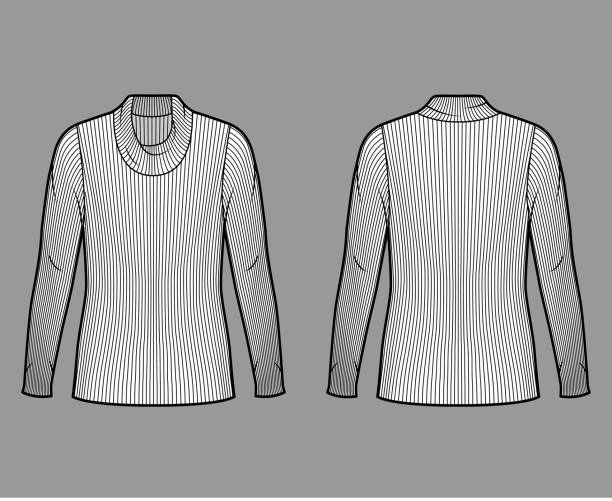 istock Ribbed cowl turtleneck knit sweater technical fashion illustration with long sleeves, oversized body, tunic length 1265752679