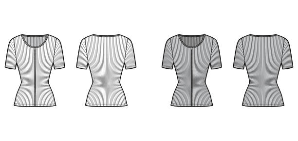 istock Zip-up ribbed cotton-jersey top technical fashion illustration with short sleeves, slim fit, scoop henley neckline shirt 1265754755