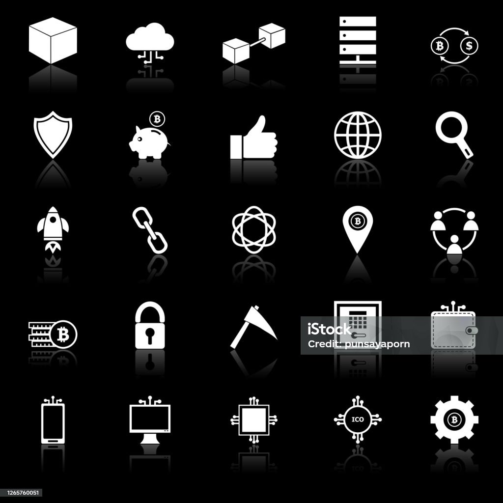Blockchain Icons With Reflect On Black Background Stock Illustration