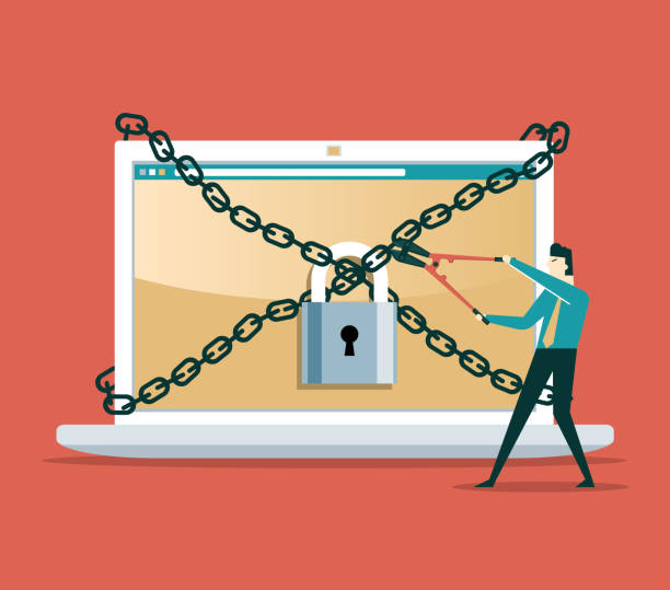 Chain and lock on laptop Chain and lock on laptop keyboard. Block chain technology, Computer ban, internet ban bolt cutter stock illustrations