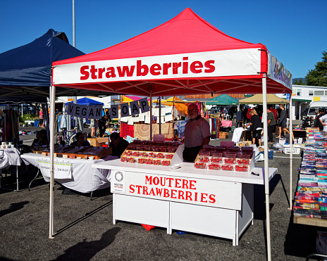 Motueka, Tasman/New Zealand - 27 January, 2013: Motueka Sunday market market stall selling fresh local strawberries.