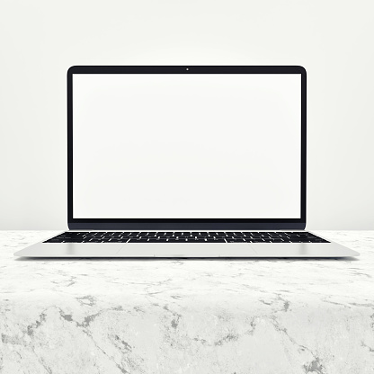 Workspace desk and Mockup pack shot product with White blank screen laptop for your template design and copy space on white background and on a clean white marble pattern with 3d illustration