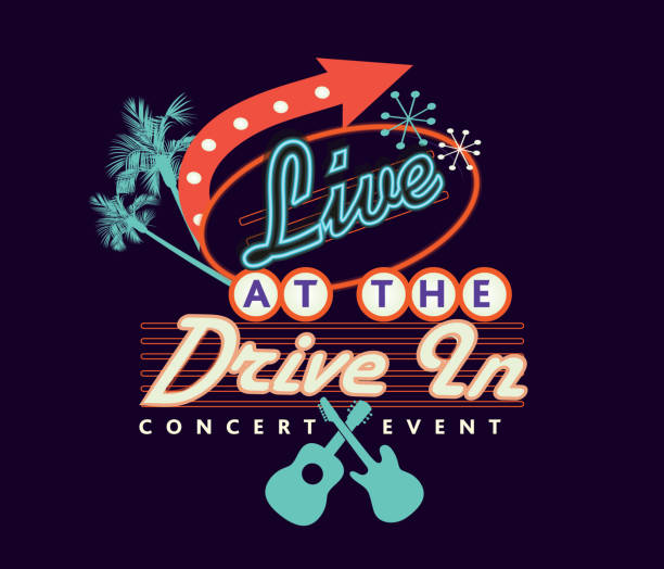 illustrations, cliparts, dessins animés et icônes de live drive dans la publicité de conception d’affichage d’événement de concert - drive in sign