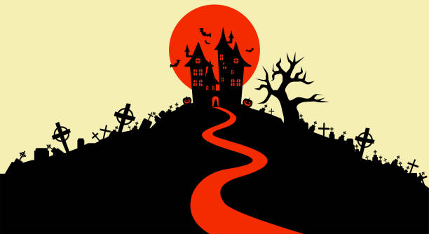 Vector illustration, Flat Style, Halloween background, the vampire castle silhouette located on a hill between the cemeteries at full moon, tombstone, dracula, graveyard, cross, jack o lantern, scary Vector illustration, Flat Style, Halloween background, the vampire castle silhouette located on a hill between the cemeteries at full moon, tombstone, dracula, graveyard, cross, jack o lantern, scary vampire stock illustrations