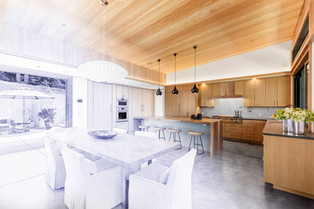 Home interior remodel construction with blueprint line drawing transition to blend fade into finished project
