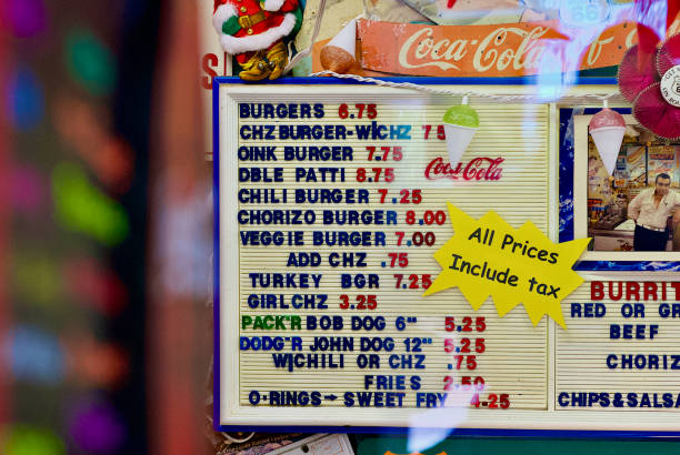 Seligman, Arizona, USA - July 30, 2020: Close-up of the menu board inside Delgadillo’s Snow Cap drive-in, an iconic landmark along historic Route 66 in the heart of Seligman, Arizona.
