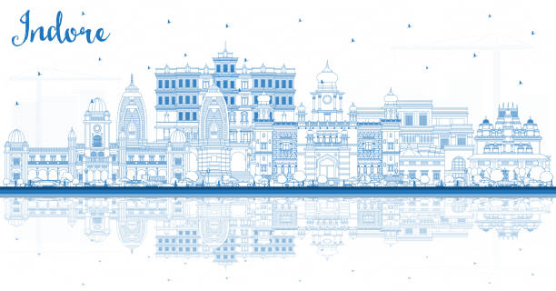 ilustraciones, imágenes clip art, dibujos animados e iconos de stock de esquema indore india city skyline con edificios azules y reflexiones. - madhya