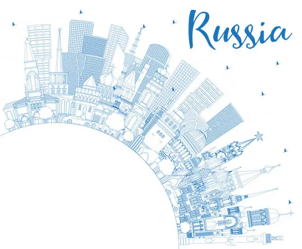Vector illustration of Outline Russia City Skyline with Blue Buildings and Copy Space.