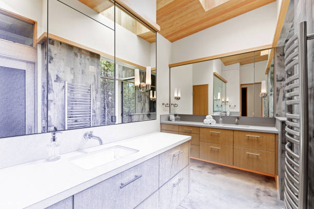 Home interior bathroom remodel construction with line drawing transition to blend fade into finished project