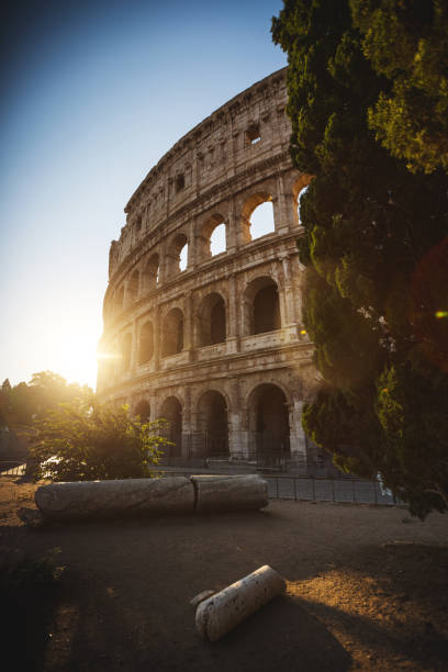 l'icona del colosseo di roma in un'alba calda estiva: vacanze in italia - light nobody coliseum vertical foto e immagini stock