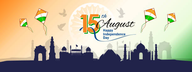 Banner or Header designed of 15th August Happy Independence Day of India Banner or Header designed of 15th August Happy Independence Day of India, with stylish text, flying kites and famous monuments of India. Vector Illustration. Happy Independence Day stock illustrations