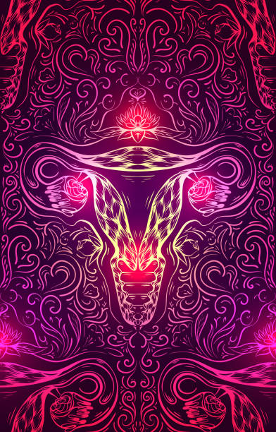 nahtloses neonmuster mit konturskizze der gebärmutter mit blume und dekoration und licht. gesunder weiblicher körper. frauenpower. uterus mit rohr und rosen. vektortextur - vertical single flower women teenager stock-grafiken, -clipart, -cartoons und -symbole