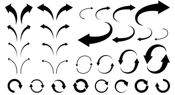ilustraciones, imágenes clip art, dibujos animados e iconos de stock de conjunto de ilustración de flechas curvas (monocromo) - arrow