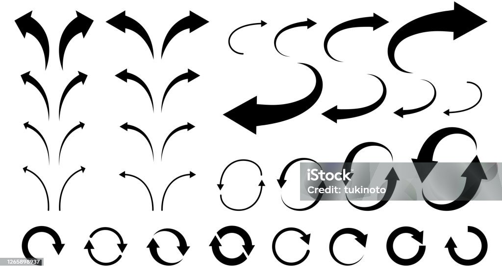 彎曲箭頭的插圖集(單色) - 免版稅箭頭符號圖庫向量圖形