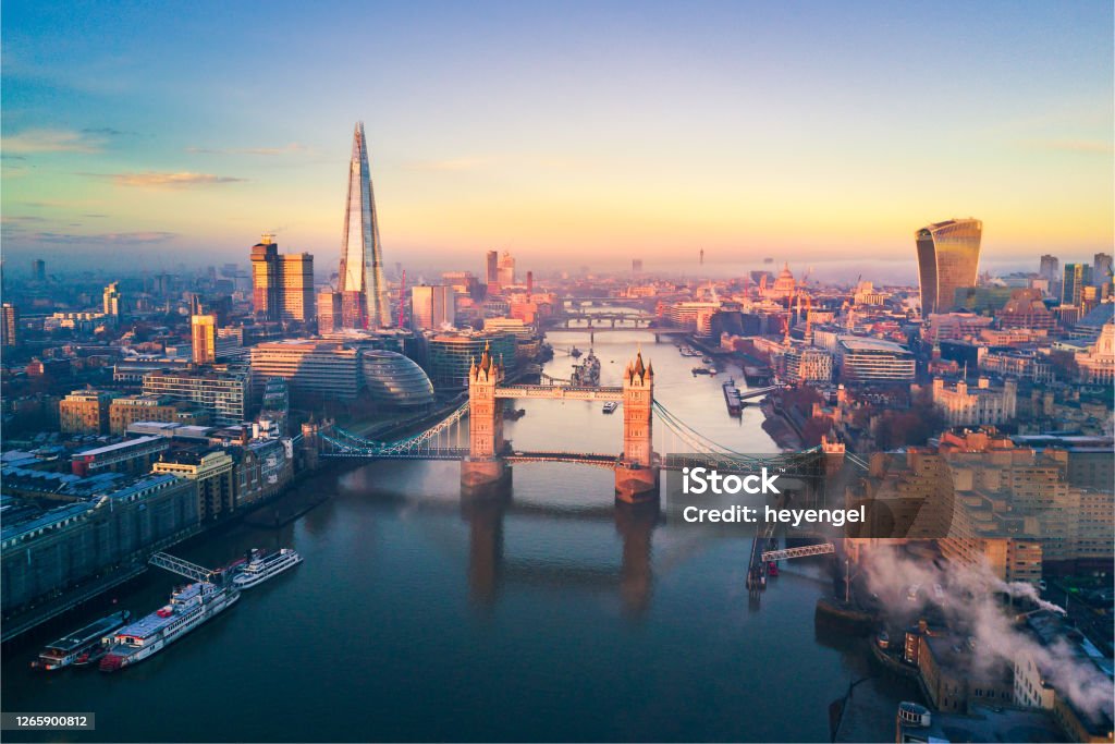 Aerial view of London and the Tower Bridge Aerial view of London and the Tower Bridge, England, United Kingdom London - England Stock Photo