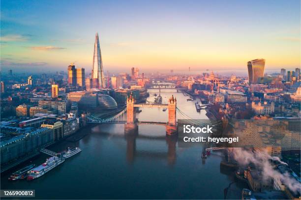 Aerial View Of London And The Tower Bridge Stock Photo - Download Image Now - London - England, Urban Skyline, Aerial View