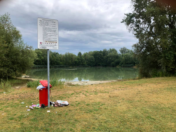istock Bathing lake with garbage on the sunbathing lawn 1265914178