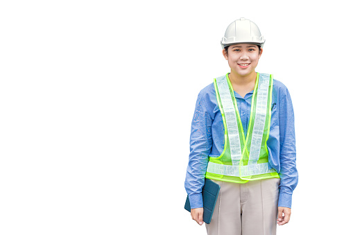 Asian woman worker industry staff foreman engineer waring safety vest reflective strip helmet hardhat smiling isolated on white background