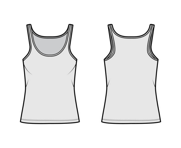 baumwoll-jersey tank technische mode-illustration mit schaufel hals, entspannte passform, tunika-länge. flache outwear camisole - tank top black top t shirt stock-grafiken, -clipart, -cartoons und -symbole