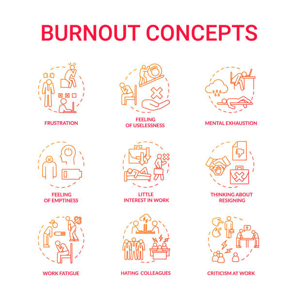 Burnout red concept icons set Burnout red concept icons set. Work fatigue. Conflict with colleagues. Mental exhaustion. Little working interest. Frustration idea thin line RGB color illustrations. Vector isolated outline drawings burnout stock illustrations