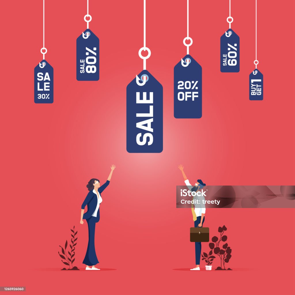 Preis-Incentive Retail Business-Konzept-Geschäftsleute mit Gruppe von Angelhaken mit einem Verkaufspreis-Tag - Lizenzfrei Einzelhandel - Konsum Vektorgrafik