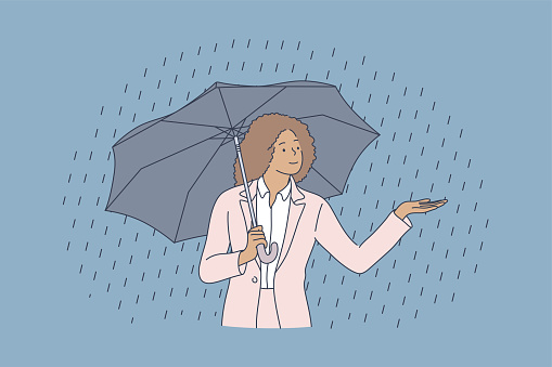 Business, safety, water, rain concept. Young happy miling african american businesswoman clerk manager cartoon character standing nder umbrella when raining. Protection from bad weather illustration.