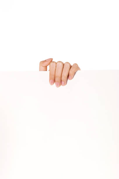 istock Woman hand hold a blank paper vertical isolated on white. 1265927135