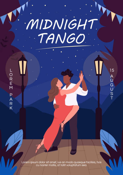 Midnight tango poster flat vector template Midnight tango poster flat vector template. Fun creative date for couple. Partner dancing event. Brochure, booklet one page concept design with cartoon characters. Nightlife flyer, leaflet tango dance stock illustrations