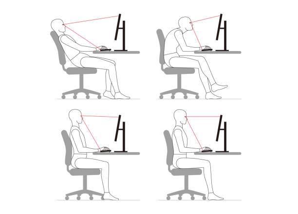 人間は座ってコンピュータで働きます。姿勢。 - sitting upright点のイラスト素材／クリップアート素材／マンガ素材／アイコン素材