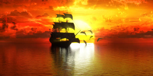 istock ship on the background of sunset and dolphins 1265939720