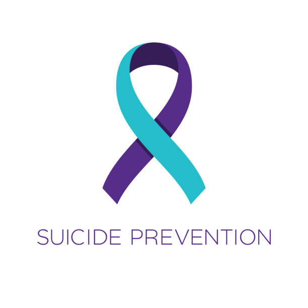 ilustraciones, imágenes clip art, dibujos animados e iconos de stock de cinta de prevención del suicidio. color púrpura y turquesa. campaña de prevención, diagnóstico, tratamiento, curación y apoyo de enfermedades. - suicidio